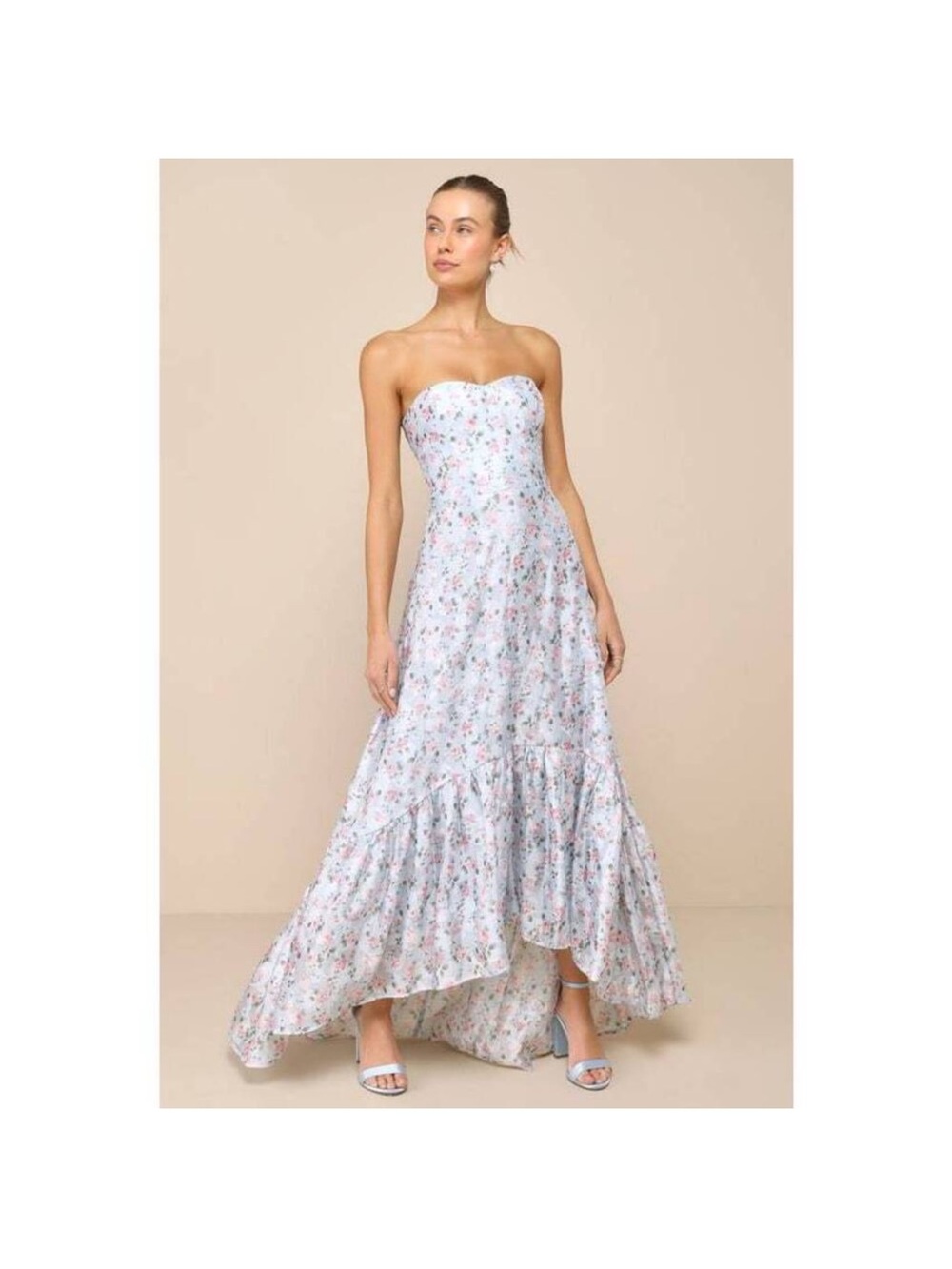 Lulu's Strapless High-Low Floral Maxi Dress in Light Blue